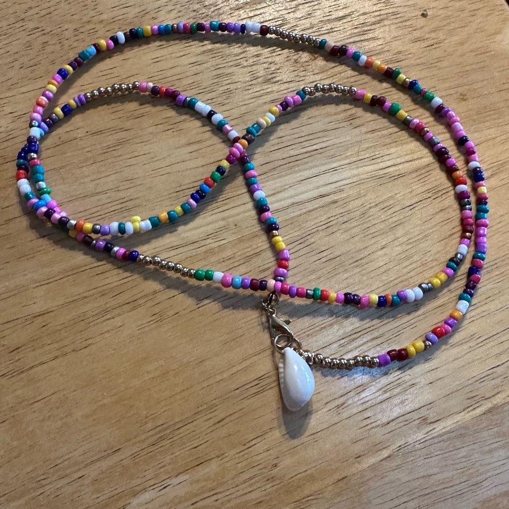 Boho Rainbow Beaded Choker Necklace with Shell Pendant